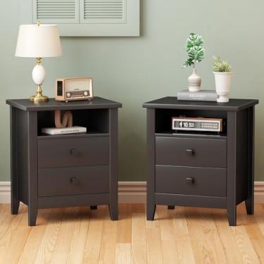 Imagem de JSB Conjunto de 2 mesas de cabeceira Farmhouse, mesa de cabeceira com 2 gavetas, prateleira aberta, mesa de canal/mesa lateral para quarto, quarto de crianças, sala de estar (preto, 47,5 cm L x 38 cm