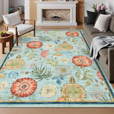 Imagem de GarveeHome Tapete floral lavável 10 x 15 cm: Tapete grande para sala de estar com suporte antiderrapante lavável ultra macio tapete floral para quarto interior tapete resistente a manchas para sala de
