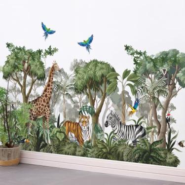 Imagem de RAINBOW WSK Adesivos de parede de árvore de animais selvagens girafa tigre zebra safári adesivos de parede floresta tropical árvore verde decoração de parede para crianças meninos quarto sala de jogos