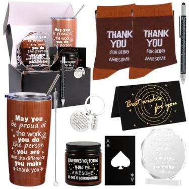 Imagem de Kolewo4ever Conjunto de 9 peças de presente para funcionários: melhores presentes para colegas de trabalho, caixa preta com copo, meias masculinas, cartão de acrílico, placas de agradecimento