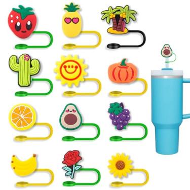 Imagem de Tampa de canudo de frutas 12 peças para copo Stanley de 30 e 4 oz, copo, tampa de canudo de silicone para garrafa de água cabe em canudos reutilizáveis de 10 mm, capa fofa com pontas de canudo