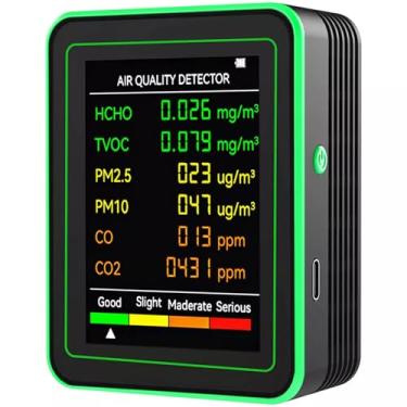 Imagem de Medição de CO2 no Ar 6 em 1 Detector PM2 5 PM10 HCHO TVOC Display LCD Analisador Sensor Gás com Múltiplos Sensores Alarme Quatro Cores Portátil para C
