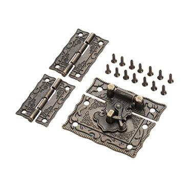 Imagem de Dobradiças Cadeado Bronze Antigo Cadeado Joalharia Caixa de Madeira Fecho Ferrolho + 2 peças Dobradiça de Armário de Mala Mobiliário Vintage Hardware Decorativo