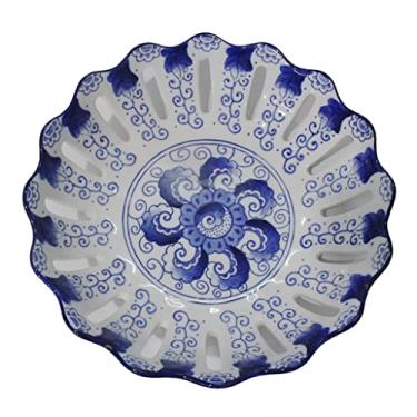 Imagem de Fruteira de cerâmica prato de frutas vazado moderno sala de estar mesa de chá decoração de casa ornamentos de porcelana azul e branco chinês tigela de salada redonda (pequena)