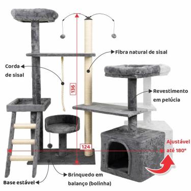Imagem de Arranhador de gato grande, luxuoso, ajustável, multifuncional com casa, camas, poleiros, escada e brinquedo giratório