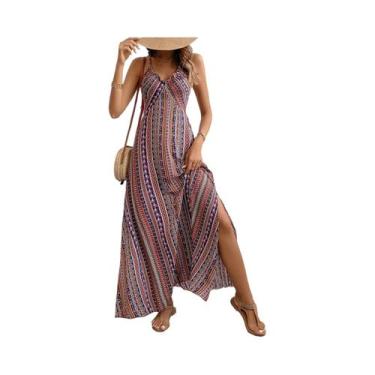 Imagem de Vestido Longo Feminino De Verão Boho Com Decote Nas Costas E Fenda Na 