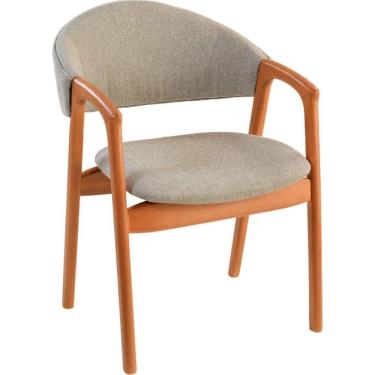 Imagem de Cadeira Jantar Pietra Poltrona Com Braço Madeira Maciça Amêndoa Estofada Em Linho Cinza Claro Encosto Curvo Moderna