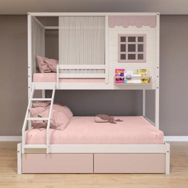 Imagem de Beliche Casinha Reta Casal/ Solteiro 02 Gavetas Rosa Cortina Madeira Maciça Branco/ Rosa Housin