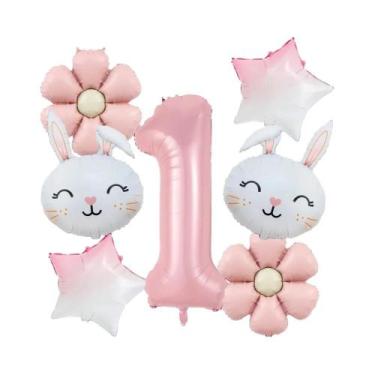 Imagem de Balões De Coelho Rosa Fosco Com Margaridas 7pçs/conjunto Decoração De 
