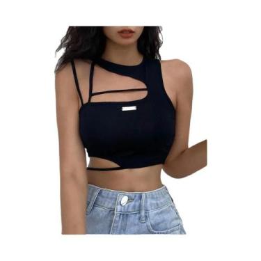 Imagem de Top Cropped Feminino Preto Vazado Y2K Sem Mangas Estilo Punk Slim Fit 