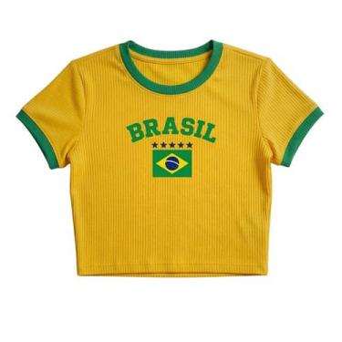Imagem de Camiseta Feminina Brasil Estampada Ribana Bandeira Cropped Copa - Piss