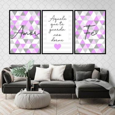 Imagem de Kit 3 Quadros Decorativos Fé Amor Geométrico Triângulos