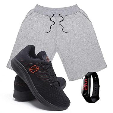 Imagem de Kit Bermuda Moletom Masculina + Tenis Masculino Conforto + Relógio Digital - Cinza-PretoLaranja/G-37