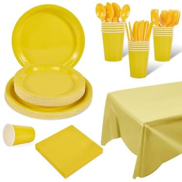 Imagem de Ottin Artigos de festa amarelos para 24 convidados, conjunto de pratos e guardanapos de papel descartáveis com copos, garfos, facas, colheres e toalha de mesa – para aniversário, casamento, Halloween