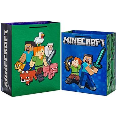 Imagem de Hallmark 2 jogadores, adolescentes, crianças, netos, pacote de bolsa de presente de Minecraft, 33 cm 38 cm extra grande, sortidas, azul, verde, Alex, Steve, porco, ovelhas