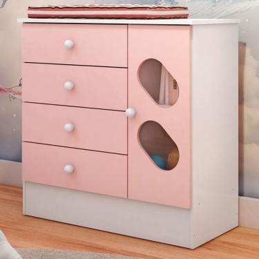Imagem de Cômoda Infantil Escotilha 1 Porta 4 Gavetas Branco/rosa - Panorama Móveis