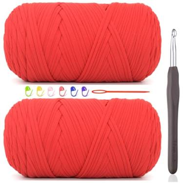 Imagem de 2 fios de camiseta de 400 g para crochê, camiseta vermelha, tecido elástico grosso, fio de crochê para iniciantes, bolsa de tricô à mão, cesta/porta-copos / artesanato faça você mesmo/decoração de