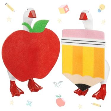 Imagem de Hahafelt 2 Sets of School Mini Desk Goose Outfits Pencil and Apple 7 Inch Magnetic Silly Goose Statue Keychain Felt Clothing for First Day of School Holiday Party Nursery Classroom Decor