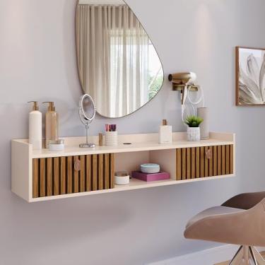 Imagem de Penteadeira suspensa para lavabo com 2 portas e conexão de cabo de 90 cm(Off White/Ripado)