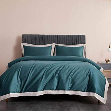 Imagem de Jogo de cama de algodão de fibra longa combinando cor lisa clara conjunto de lençol de cama fronhas cor 1 4 peças (cor 4 Queen Size 4 peças)