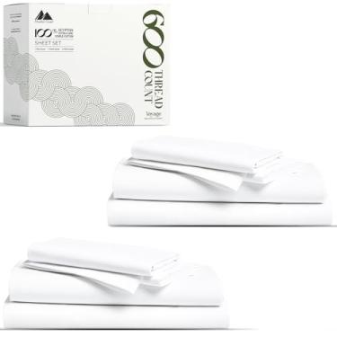 Imagem de Mayfair Linen Conjunto de lençol completo 100% algodão egípcio pacote com 2 lençóis de luxo 600 fios de algodão egípcio tamanho casal (8 peças, branco), macio, refrescante, 40,6 cm com bolso profundo