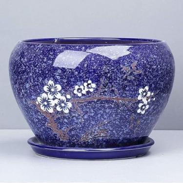 Imagem de GLETSF Vaso de flores de cerâmica extra grande azul, bacia de plantas verdes com orifício de drenagem, vasos de bonsai, suporte decorativo de cacto, recipiente de flores de cerâmica Emm