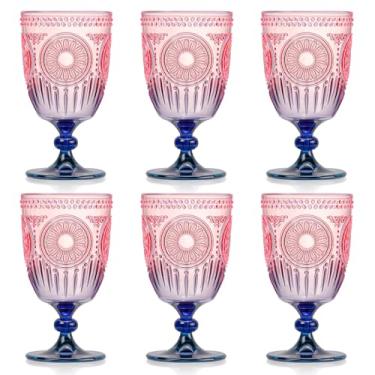 Imagem de XUWAIDSGN 6 peças de copos de vinho vintage de plástico 382.7 g copos de cálice em relevo rosa azul gradiente retrô copos de vinho com haste inquebrável champanhe copos de água para vinho, coquetel