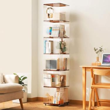 Imagem de Estante giratória de acrílico com rodas, organizador de estante giratório de 6 camadas para espaços pequenos, rack de armazenamento de exibição de canto estreito (marrom, 35 x 35 x 190 cm)