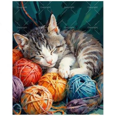 Imagem de Kit de pintura animal por números para adultos – Gatinho dormindo DIY com bolas de fio, pintura em tela, 20 x 30 cm, conjunto de tinta acrílica emoldurada, adequado para iniciantes, arte fofa para