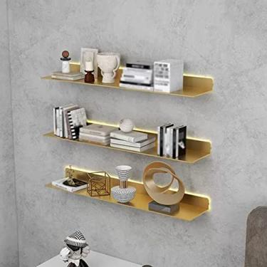 Imagem de Prateleiras de parede flutuantes com luz LED, prateleiras criativas de exibição de liga de alumínio rack de armazenamento luminoso para prateleira de plantas ou estante de livros (cor: ouro, tamanho