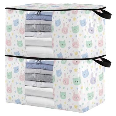 Imagem de Burbuja Bolsa de armazenamento de roupas de urso de coelho com tampas e alça, embalagem com 2 recipientes de armazenamento de cobertor dobrável com zíper resistente e janela transparente para armário