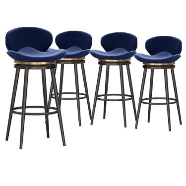 Imagem de Conjunto de 4 banquetas giratórias giratórias para casa de fazenda rústica, cadeiras de veludo com apoio para os pés, banquetas modernas de metal para ilha de cozinha, altura do assento 65 cm, azul