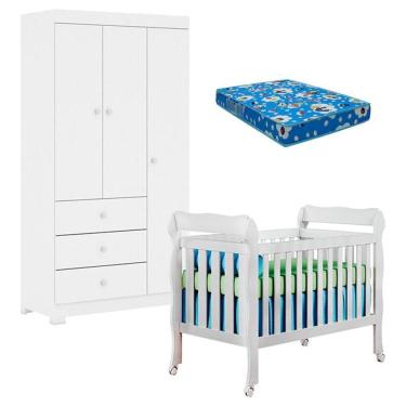Imagem de Berço Americano Lila E Guarda Roupa Duda 3 Portas Branco Brilho Com Colchão Ortobom - Phoenix Baby