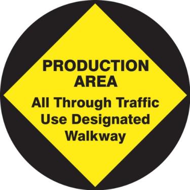 Imagem de Accuform Placa de piso NMC "Área de produção - All Through Traffic Use Designated Walkway", placa de vinil adesiva antiderrapante de 20,3 cm de diâmetro, preta em amarelo, feita nos EUA, MFS821