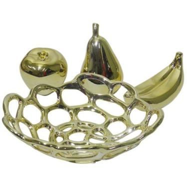 Imagem de Fruteira Ouro Dourada Kit Maça Pera Banana Decoracao Ceramica - AB MID