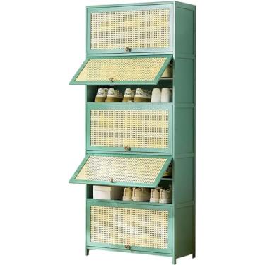 Imagem de Armário de sapatos de bambu verde com portas de vime, organizador de sapatos de 10 camadas para entrada, corredor, banheiro e cozinha - armário de armazenamento moderno flip, verde, 10 níveis - 59,9