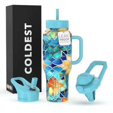 Imagem de Copo Coldest com alça e canudo, copo isolado 100% à prova de vazamento com tampa e canudo (3 tampas), copos de aço inoxidável para mulheres e homens, compatível com porta-copos, 1,020 g (vibrações