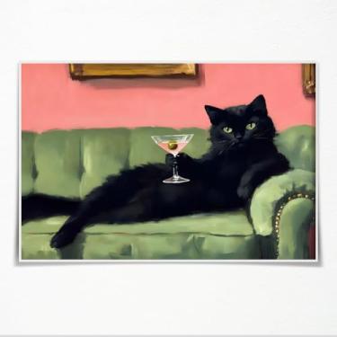 Imagem de Pôster engraçado de coquetel de gato preto peculiar arte de parede de carrinho de bar moderno impressão em tela animal moderno humorístico pôsteres de animais de estimação decoração rosa para cozinha