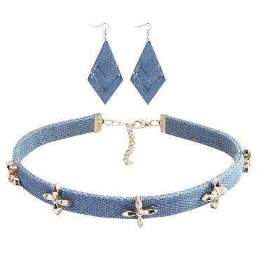 Imagem de HOKPLITE Conjunto de colar e brincos de gargantilha jeans para mulheres, brincos geométricos leves e pendentes, Jeans, Sem Pedra Preciosa