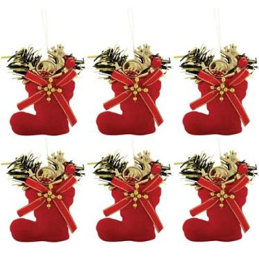 Imagem de Kit 6 Botinhas Veludo Vermelho Decoradas Mini Rena e Corneta Dourada 7