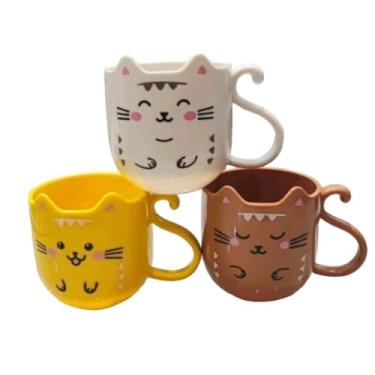 Imagem de Kit com 3 Canecas Infantil 300ml Gatinhos Divertidos, Plástico Resistente, Ideal para Crianças- Branca/Amarela/Caramelo