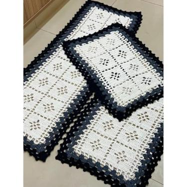 Imagem de passadeira Tapete com padrão tecido Jogo Tapete Passadeira 03 Peças para Cozinha，Estilo natural Antiderrapante e durável(PRETO-RAF)