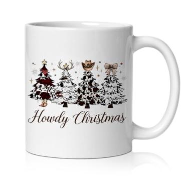 Imagem de BEHIFL Caneca de árvore de Natal ocidental, presentes de caubói ocidental, xícara de café de cerâmica, estampa de vaca de Natal Howdy, caneca de chá de café 325 ml