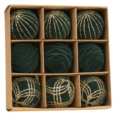 Imagem de Fancyes Conjunto de 9 bolas de Natal de veludo de 6 cm com alças para pendurar, ideais para guirlandas e arranjos natalinos. Acessórios resistentes e, Verde Escuro