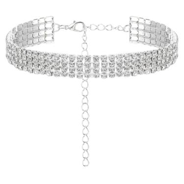 Imagem de Sibba Colar feminino com 4 fileiras de diamante, banhado a prata, ajustável, colar de strass de cristal gelado, elegante, presente de aniversário, joia brilhante, festa, casamento, borla, colar branco