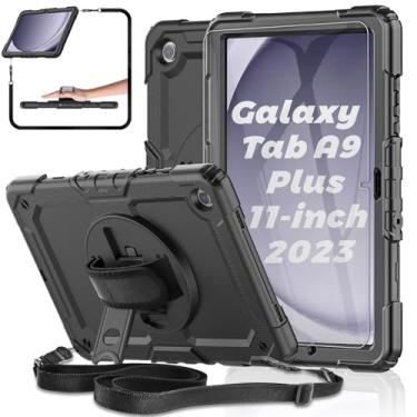 Imagem de Capa para tablet Samsung Galaxy Tab A9 Plus de 11 polegadas 2023 [com película de vidro temperado], capa resistente à prova de choque, suporte giratório, suporte para caneta S, alça de mão/ombro para