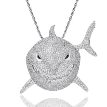 Imagem de ICEDIAMOND Colar de pingente de tubarão grande diamante CZ de luxo, super bling completo 5a zircão com corrente de elo cubano, joias de hip hop banhadas a ouro para homens e mulheres (White,24''Rope)