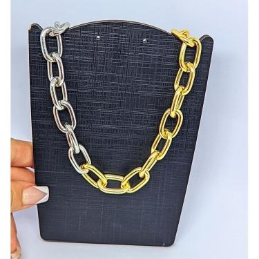Imagem de Colar Choker Feminino Corrente Elos Grande Misturas dois Elo Folheado Ouro Mix Dourado com Prata Lançamento Tendência
