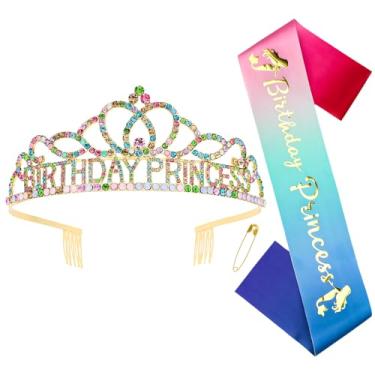 Imagem de CIEHER Coroa de princesa multicolorida e faixa de aniversário para mulheres e meninas - decorações de festa, lembrancinhas, ótimos presentes