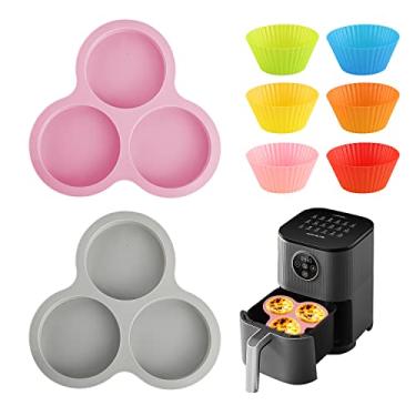Imagem de Abnaok Bandeja de Ovo para Fritadeira de Ar de Silicone de 2 Unidades com 6 Copos de Cozimento de Silicone Reutilizáveis, Assadeira de Fritadeira de Ar Antiaderente, Panelas de Muffin de Silicone de 3